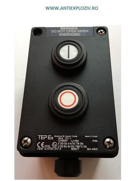 SKX13/1 CUTIE ANTIEX CU 2 BUTOANE PORNIT OPRIT PENTRU COMANDA MOTOARE, PREVAZUTA CU 1 PRESETUPA M25 POLIAMIDA PENTRU CABLURI NEARMATE, ZONA 1 SI ZONA 2 GAZE
