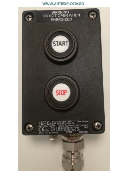 SKX13/1-MSRU-1 CUTIE ANTIEX CU 2 BUTOANE START STOP IP66, ZONA 1 SI 2 GAZE, ZONA 21 SI ZONA 22 PRAFURI EXPLOZIBILE PREVAZUTA CU 1 PRESETUPA M25 METALICA PENTRU CABLURI ARMATE